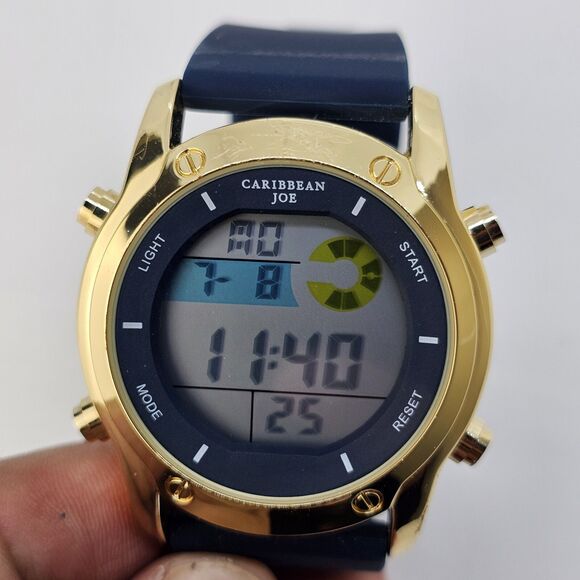 43MM Caribbean Joe Men's Digital Watch Alarm Chrono Gold Case Blue Plastic Bands - Picture 5 of 15